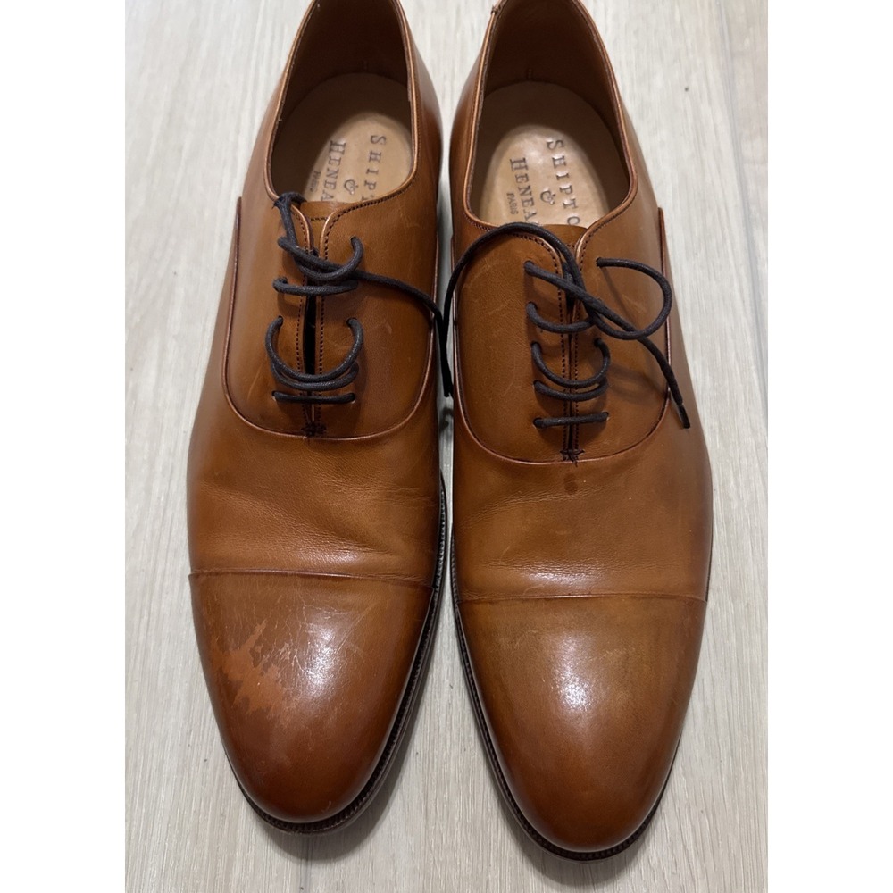 Men Size 9 F Shipton & Henage Cap Toe‎ Camel Brown Lace Up Dress Shoes Oxford